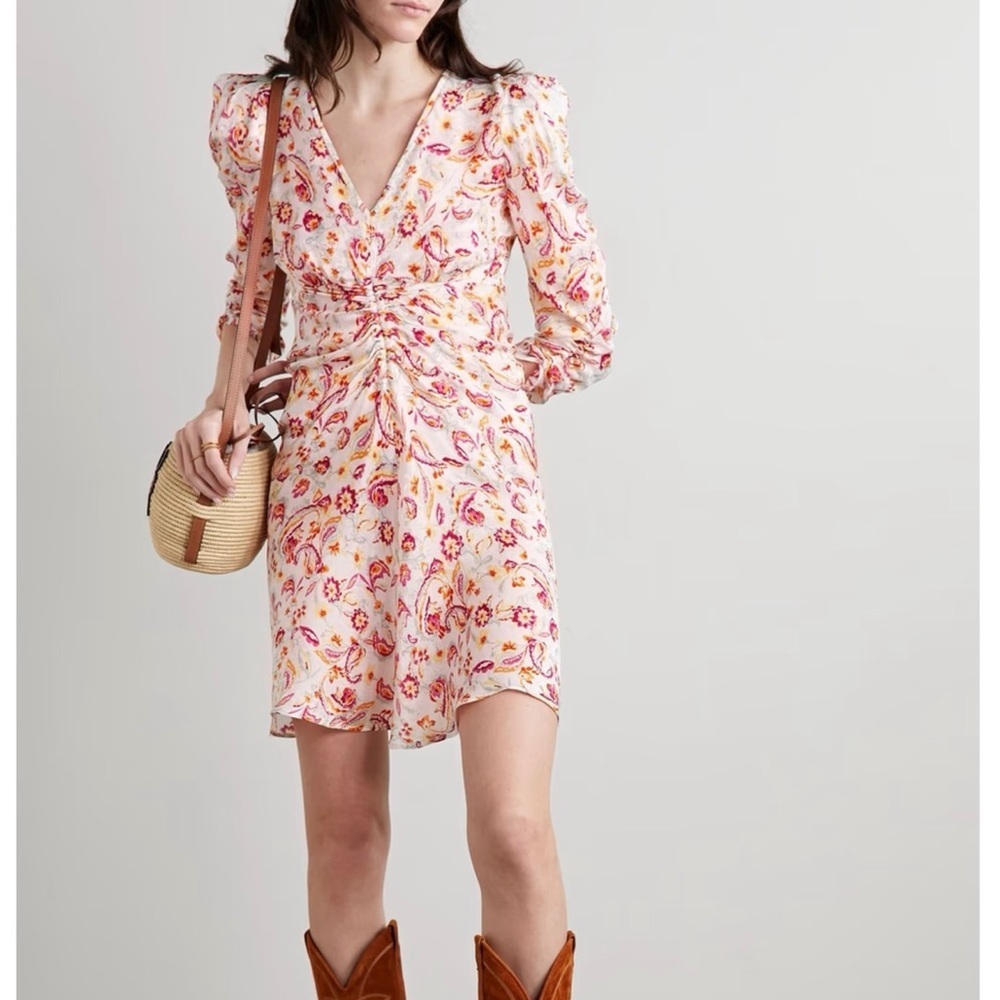ISABEL MARANT silk blend Ruched printed satin-jacquard midi dress NEW